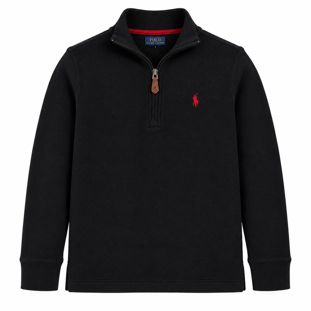 Polo Ralph Lauren Boys Size 7 Black Quarter Zip Pullover Sweater Red Pony Cotton
